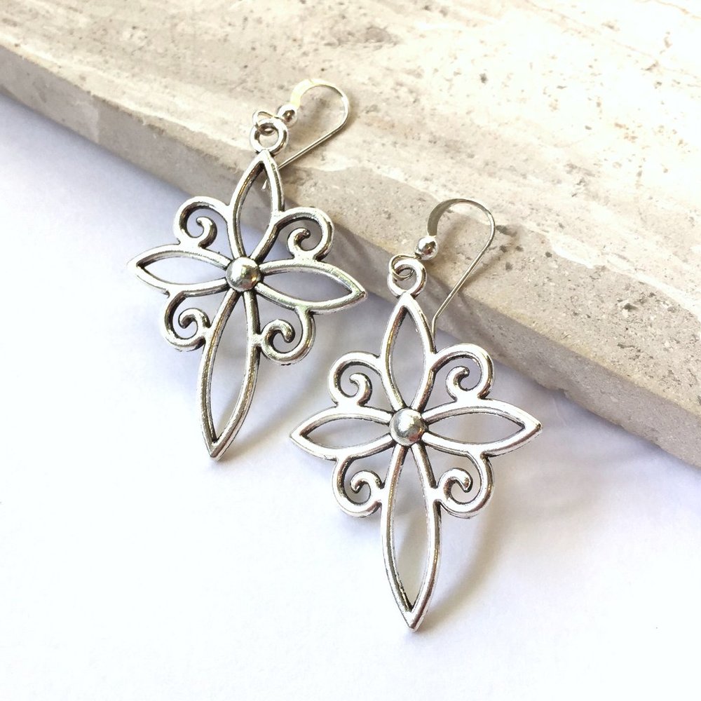 Sterling Silver Lotus swirl Cross Earrings